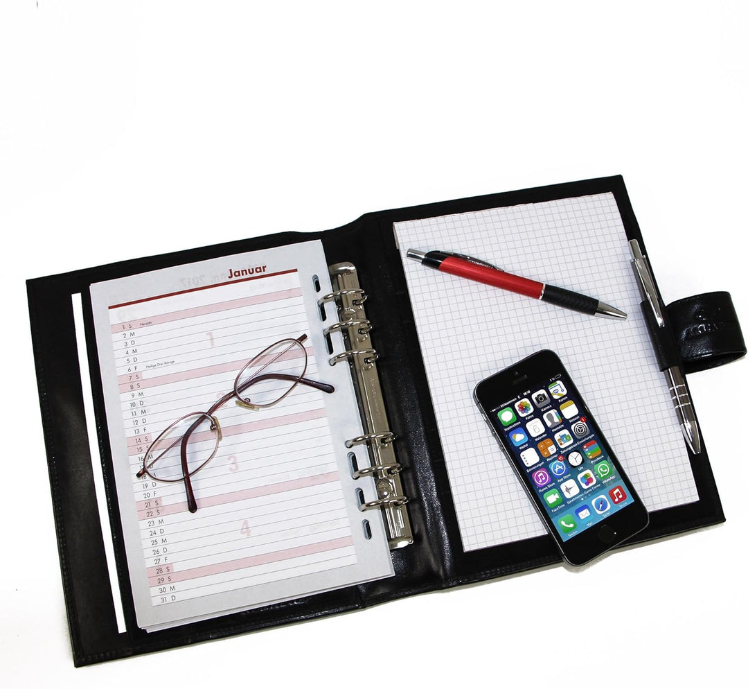 ALMADIH Leder A5 Terminplaner mit Ringmechanik Kalender 2024 Schreibblock aus Premium Rindsleder SCH