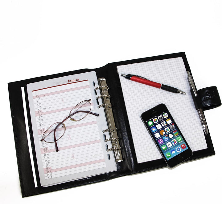 ALMADIH Leder A5 Terminplaner mit Ringmechanik Kalender 2024 Schreibblock aus Premium Rindsleder SCH