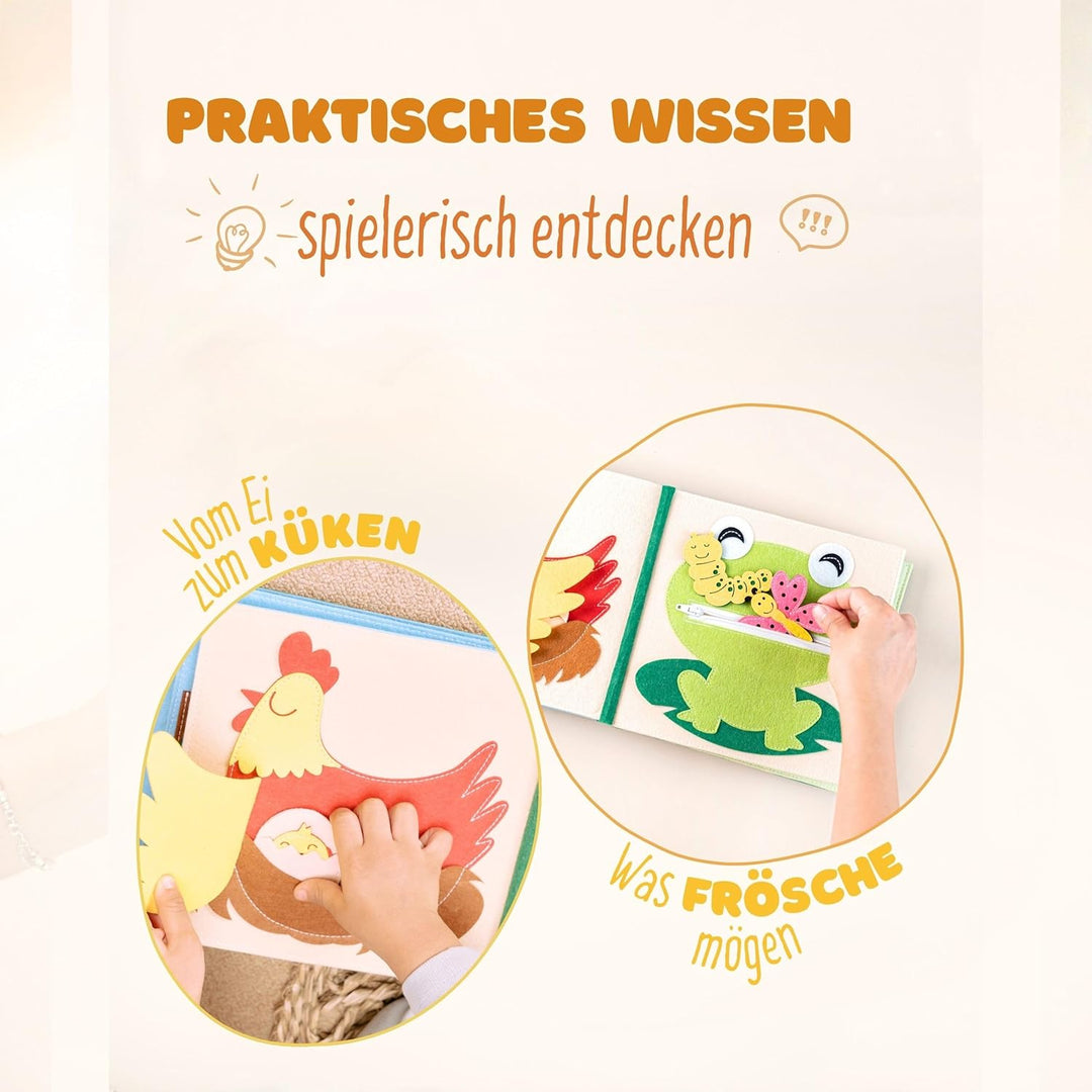 Quiet Book Bauernhof (2 Figuren) – Handgefertigtes Filz-Aktivitätsbuch mit Tier-Fingerpuppen & Trakt