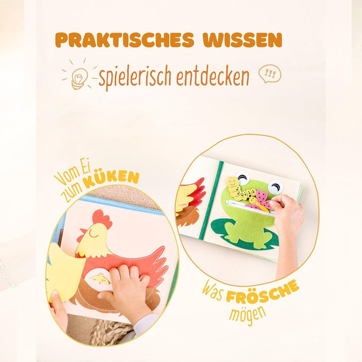 Quiet Book Bauernhof (2 Figuren) – Handgefertigtes Filz-Aktivitätsbuch mit Tier-Fingerpuppen & Trakt