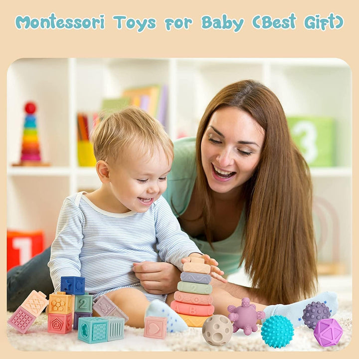 Weich Baby Bausteine, Motorikspielzeug Stapelwürfel Bauklötze, Stapelturm&amp; Beissringe für Stapelspie