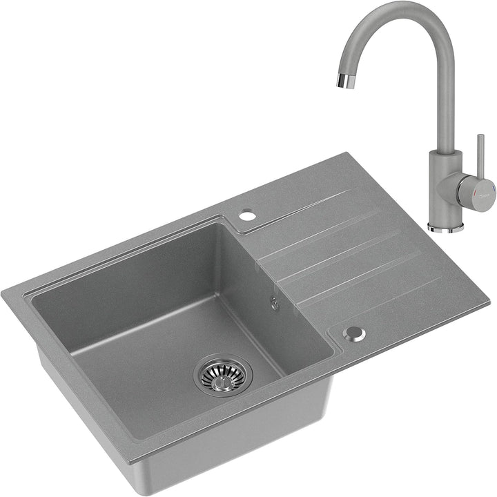 VBChome Spüle mit Armatur 78 x 50 cm Tiefes Becken 20cm Grau Küche Grosse Abtropfflache Einbauspüle