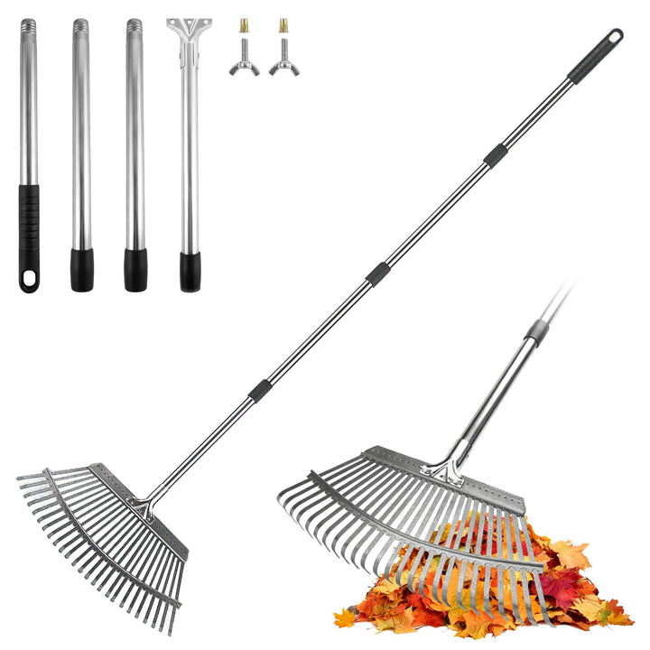 ARTIPOLY Garten laubrechen, Laubrechen mit 25 Metallzinken, 46cm breiter Hochleistungs Rechen, 158 c