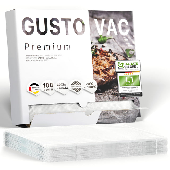 GustoVac Premium Vakuumbeutel, 100 Stk. 30x40cm Profi- Folienbeutel, Vakuumierbeutel für Vakuumierer