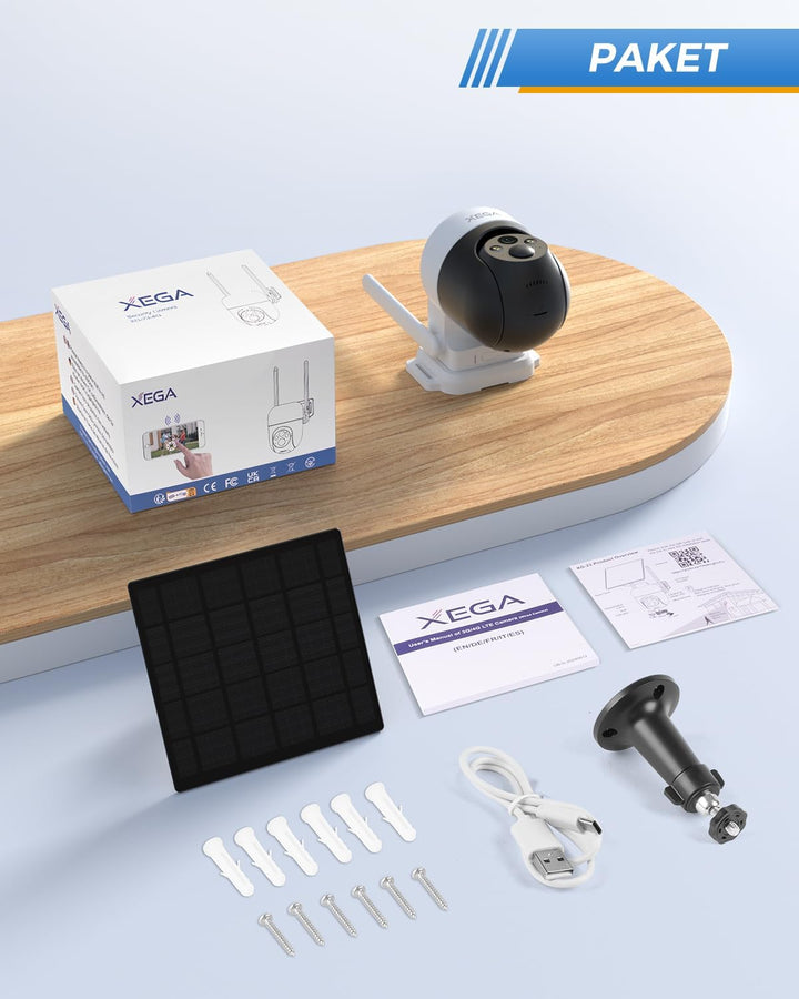 Xega 4G LTE Überwachungskamera Solar Akku mit SIM Karte, 2K 3MP Kabellos Aussen PTZ IP Kamera Outdoo