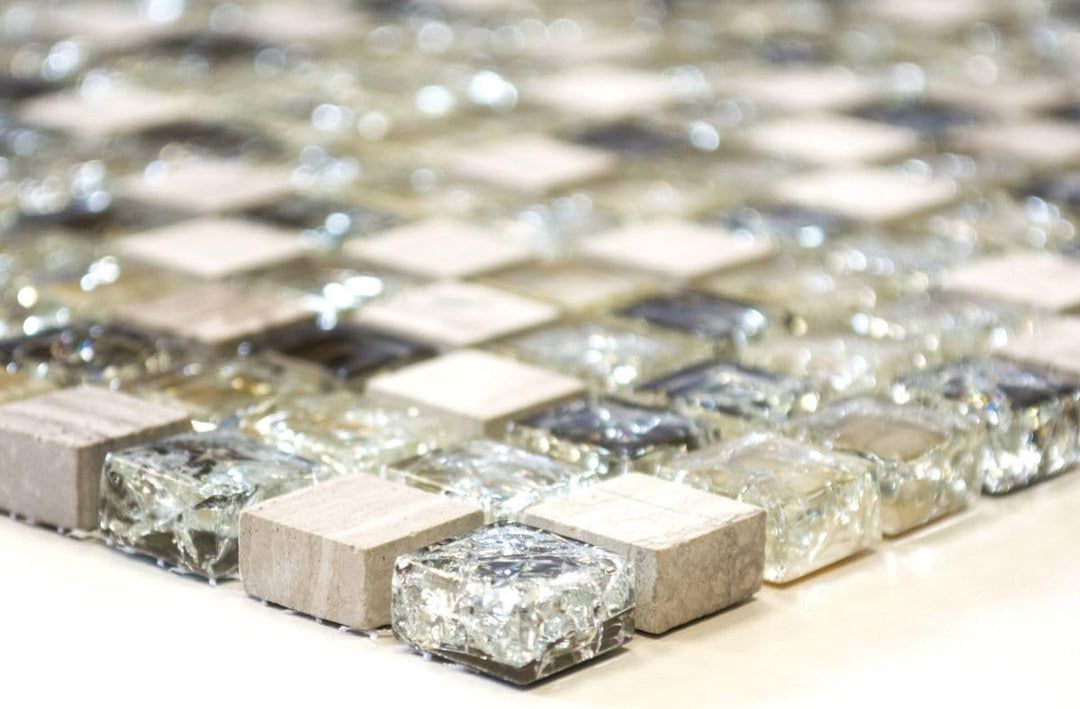 Mosaik Quadrat Crystal/Stein mix graugrün Glasmosaik Transluzent Transparent 3D, Mosaikstein Format: