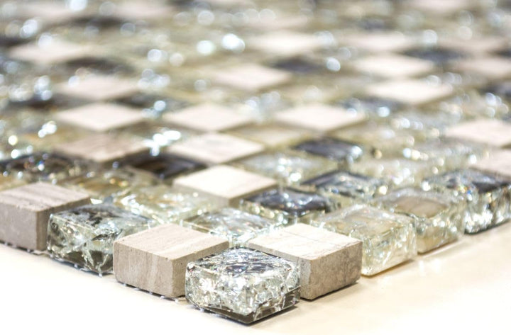 Mosaik Quadrat Crystal/Stein mix graugrün Glasmosaik Transluzent Transparent 3D, Mosaikstein Format:
