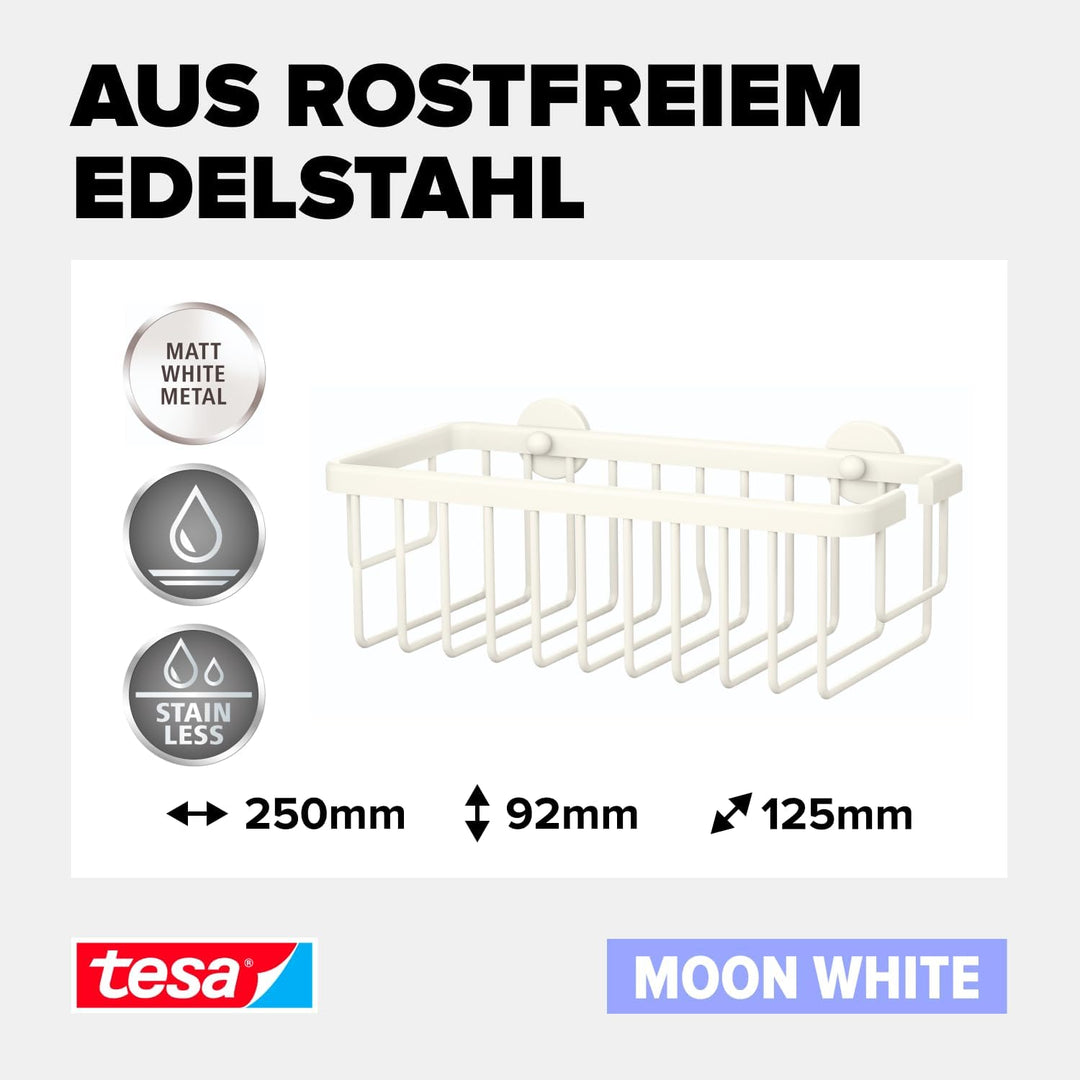 tesa MOON WHITE Duschablage zur Wandmontage ohne Bohren, weiss matt - einstöckig und extra tief - fü