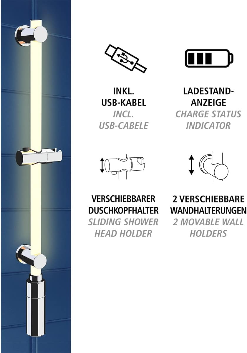 WENKO LED Design-Duschstange mit integrierter, einheitlicher & vollflächiger Beleuchtung, energiespa