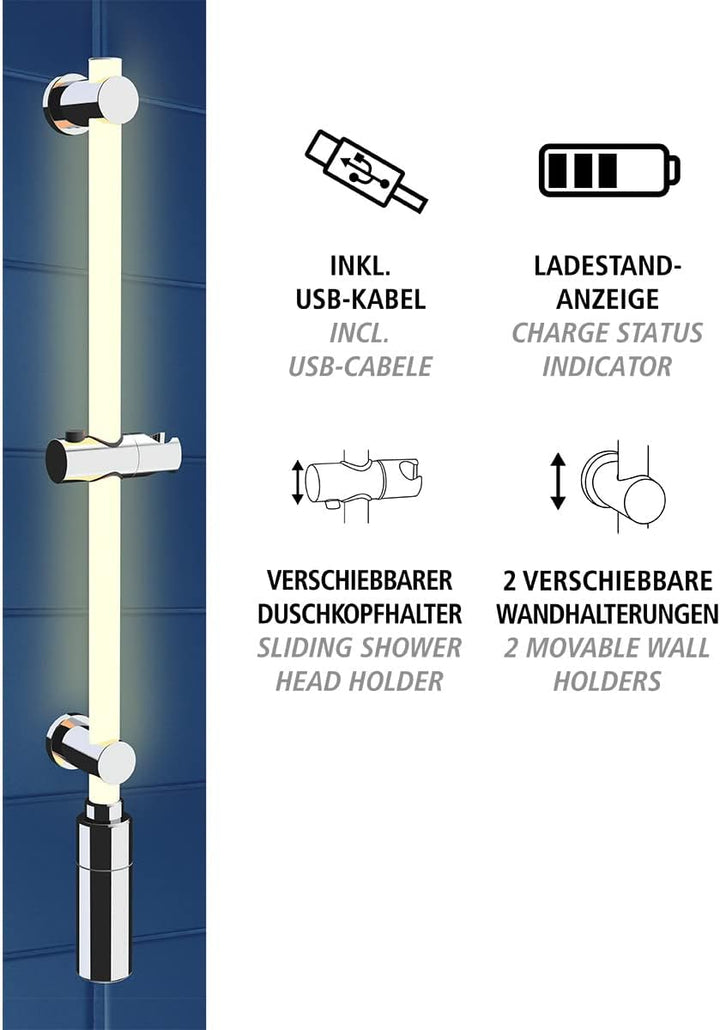 WENKO LED Design-Duschstange mit integrierter, einheitlicher & vollflächiger Beleuchtung, energiespa