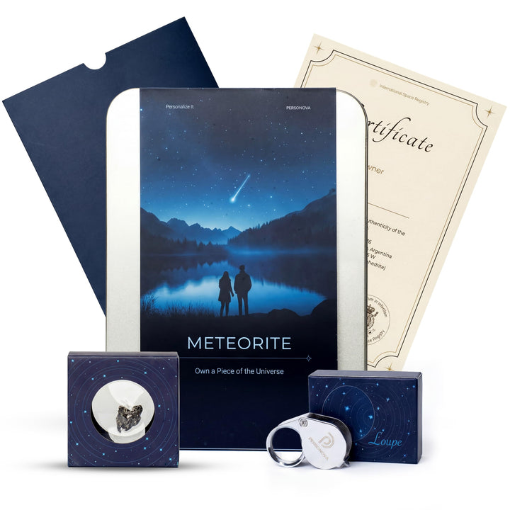 Meteorit Geschenkbox – echter Meteorit (Space Rock) mit Urkunde, Lupe & Displaycase | Sternschnuppe