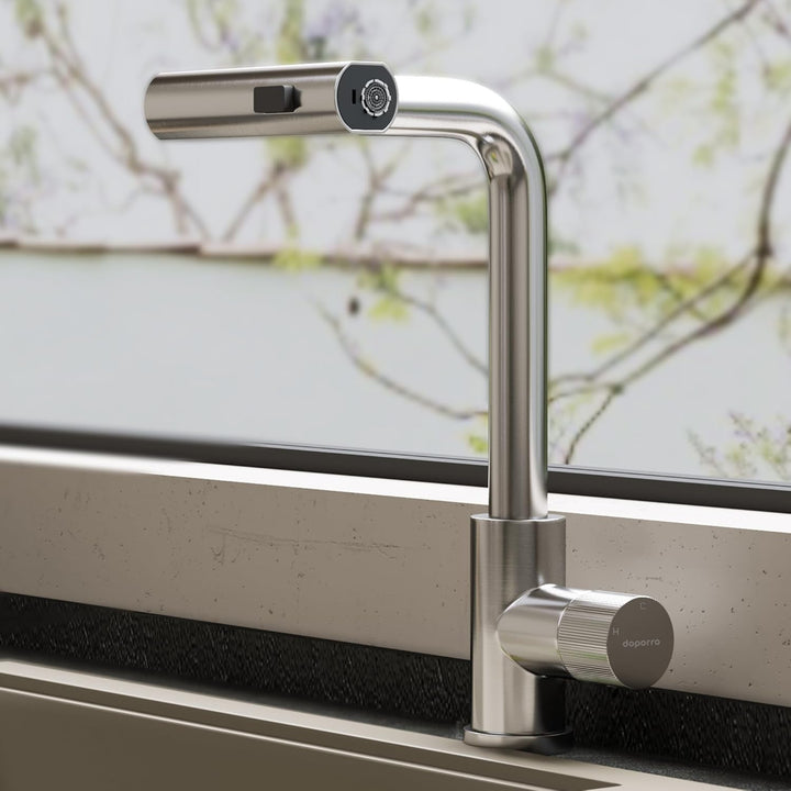 doporro Wasserhahn Küche ausziehbar, Hochdruck Küchenarmatur mit Wasserfall, 3 Strahlarten und Braus