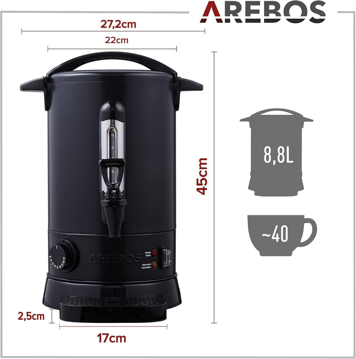 Arebos Glühweinkocher 950 W | Heissgetränkespender | 8,8 L | mit Auffangschale, Auslasshahn, Thermos