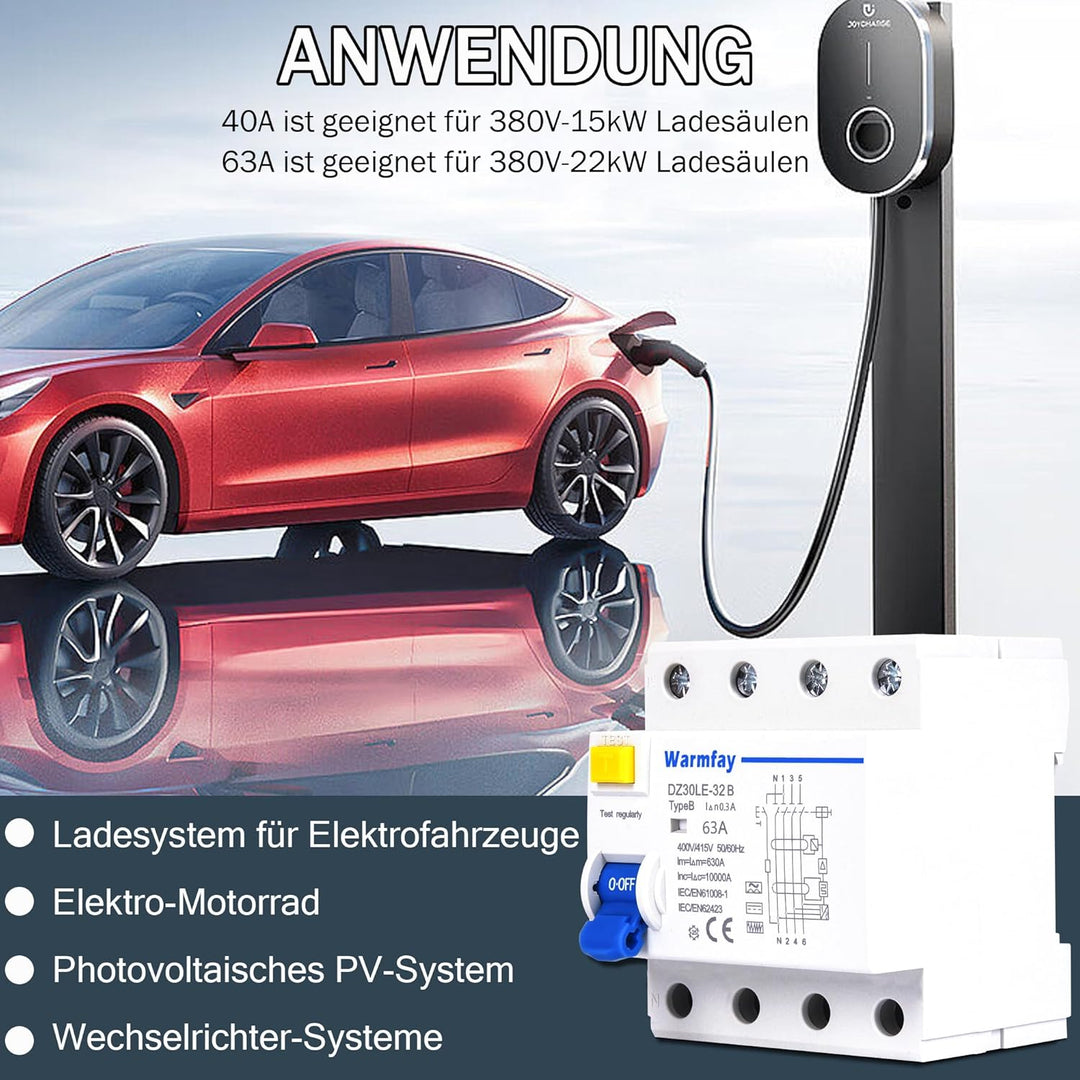 Warmfay FI Schutzschalter 63A 300mA Typ B, 4 Polig RCD Allstromintensiv Schalter Automat Sicherung,