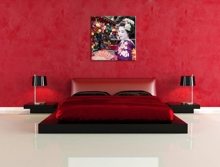 Anmutige Geisha mit Fächer, Format: 70x70 auf Leinwand, XXL riesige Bilder fertig gerahmt mit Keilra