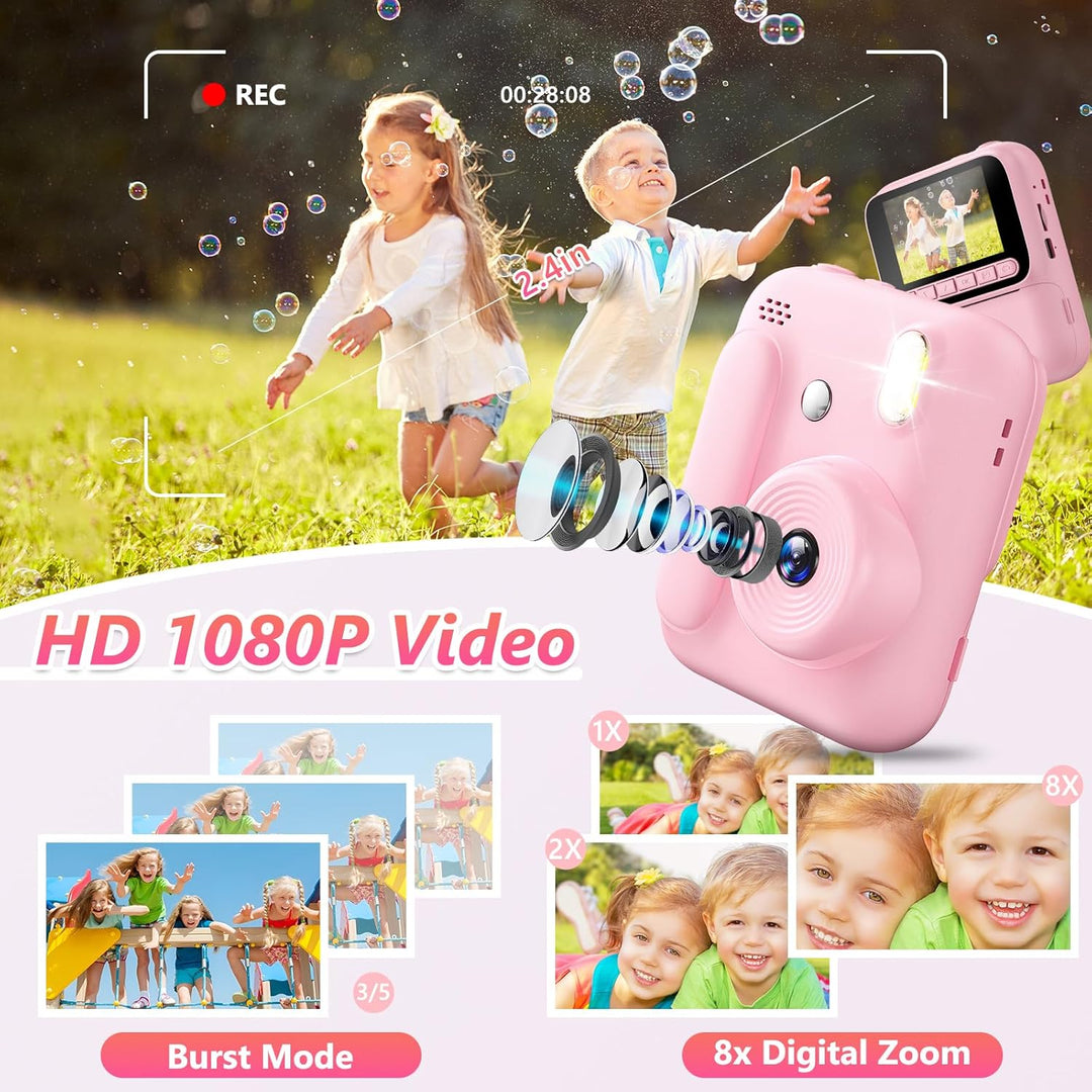 Sofortbildkamera für Kinder,1080P Kinderkamera mit 5 Rollen Druckpapier,32GB-Karte und Farbstiften,T