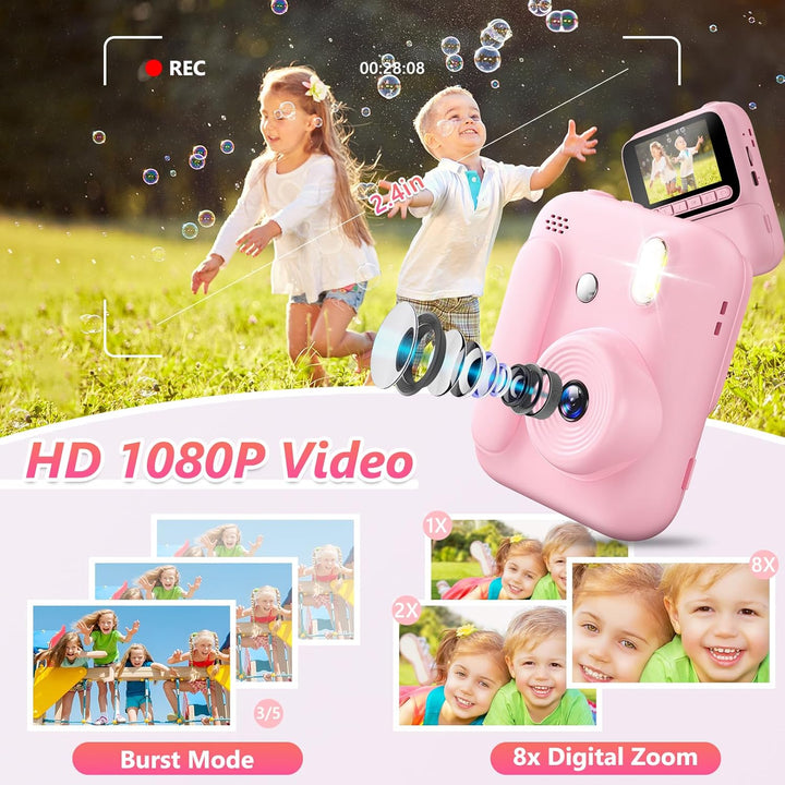 Sofortbildkamera für Kinder,1080P Kinderkamera mit 5 Rollen Druckpapier,32GB-Karte und Farbstiften,T