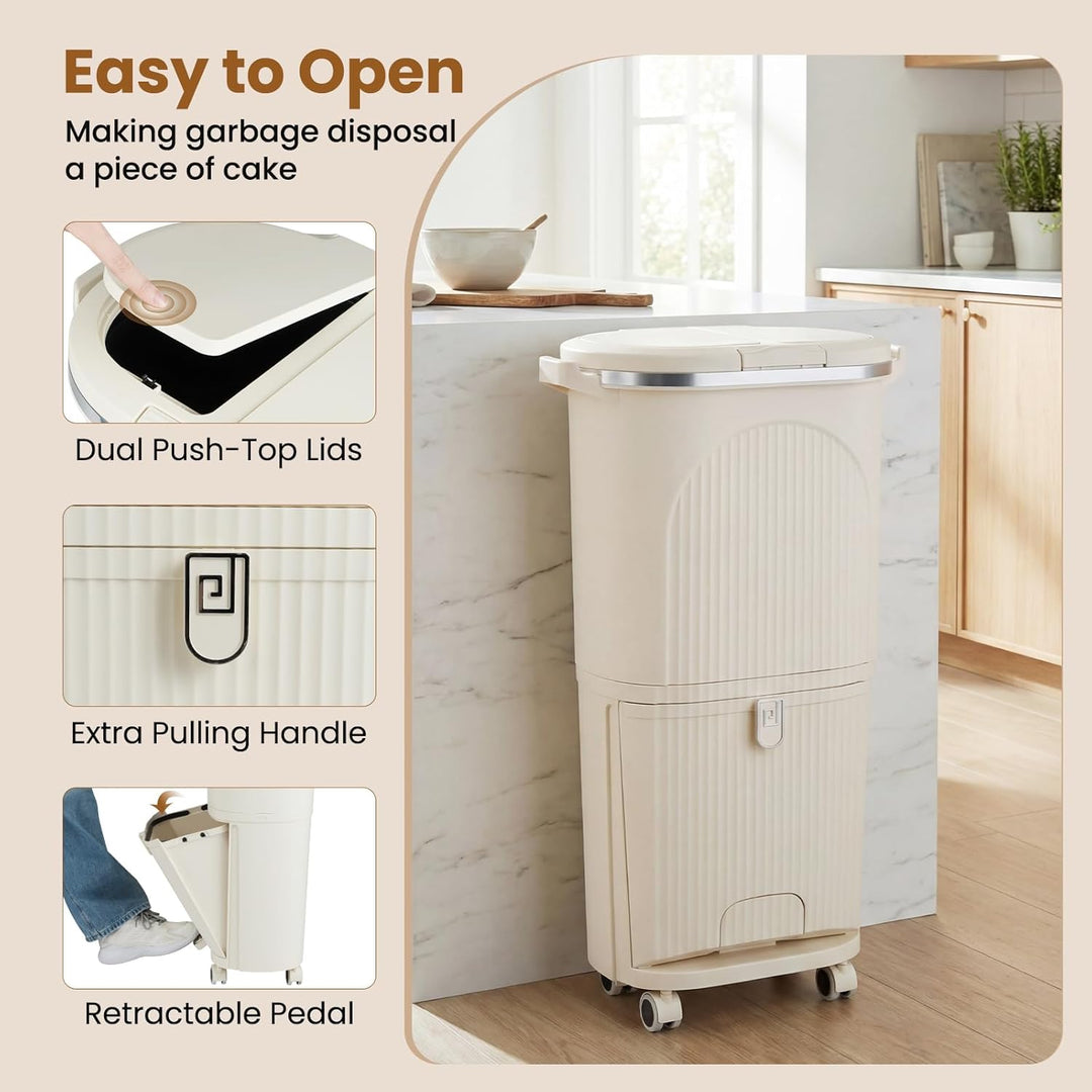 GIANTEX Mülleimer Küche 3 Fächer, Mülltrennsystem mit 2 x 12L Inneneimer & 14L Treteimer, Abfalleime