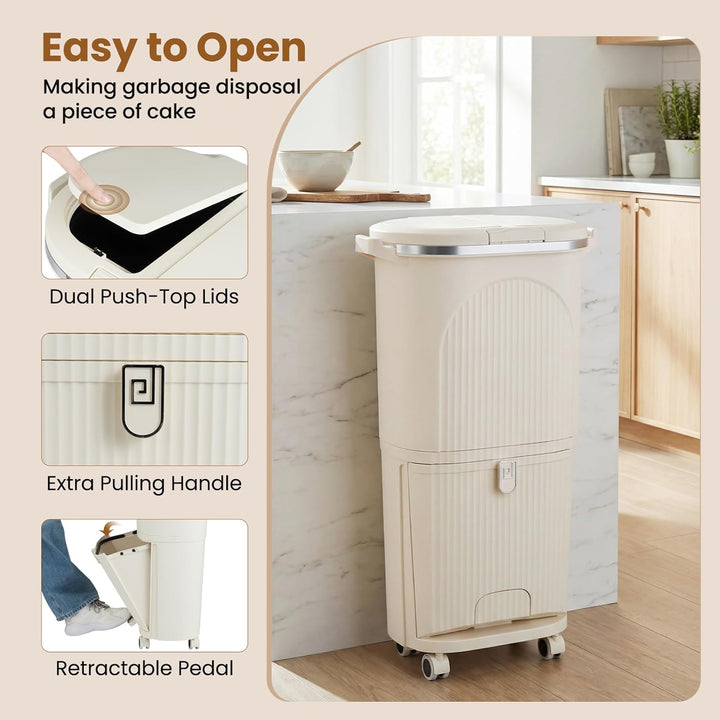 GIANTEX Mülleimer Küche 3 Fächer, Mülltrennsystem mit 2 x 12L Inneneimer & 14L Treteimer, Abfalleime