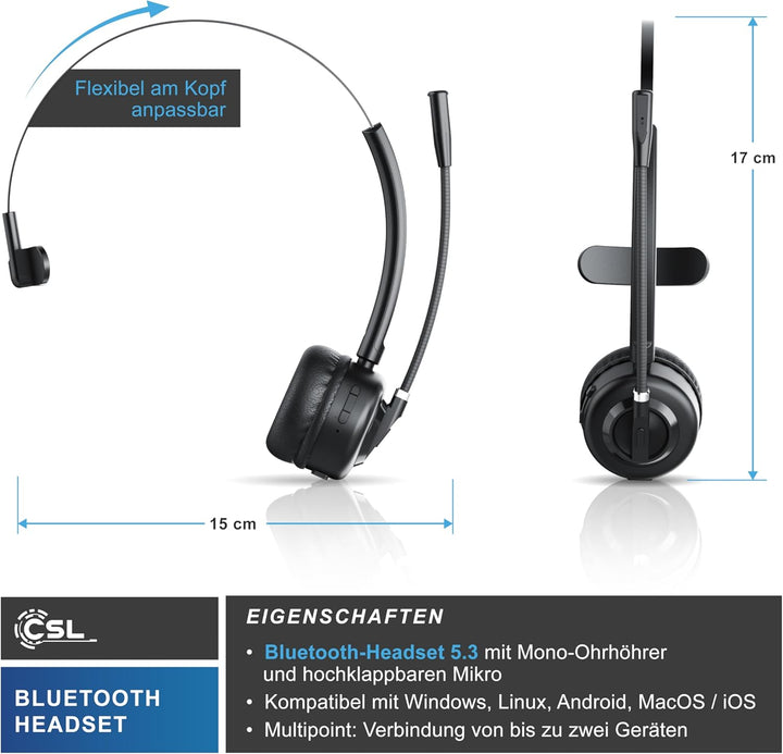 CSL - Bluetooth 5.3 Headset mit Ladestation - PC Headset mit flexiblem Mikrofon - Multipoint - kabel