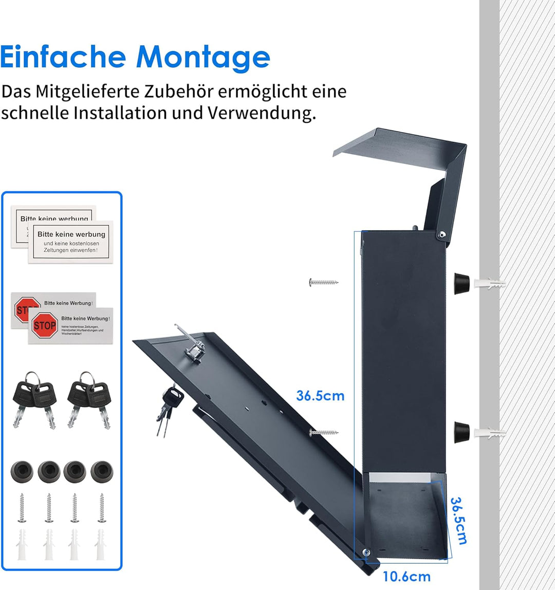 bobodeco Moderner Briefkasten in Anthrazit RAL 7016 - Briefkästen, Postkasten mit Sichtfenster, Wand