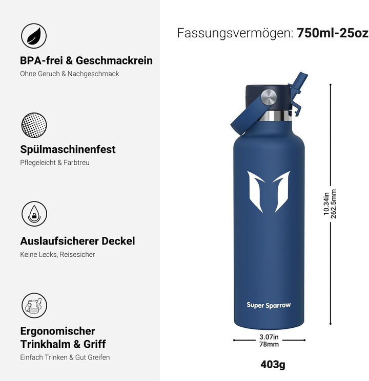 Super Sparrow Trinkflasche Edelstahl - Thermobecher - 350ml, 500ml, 750ml, 1L - FlipFlow Trinkflasch
