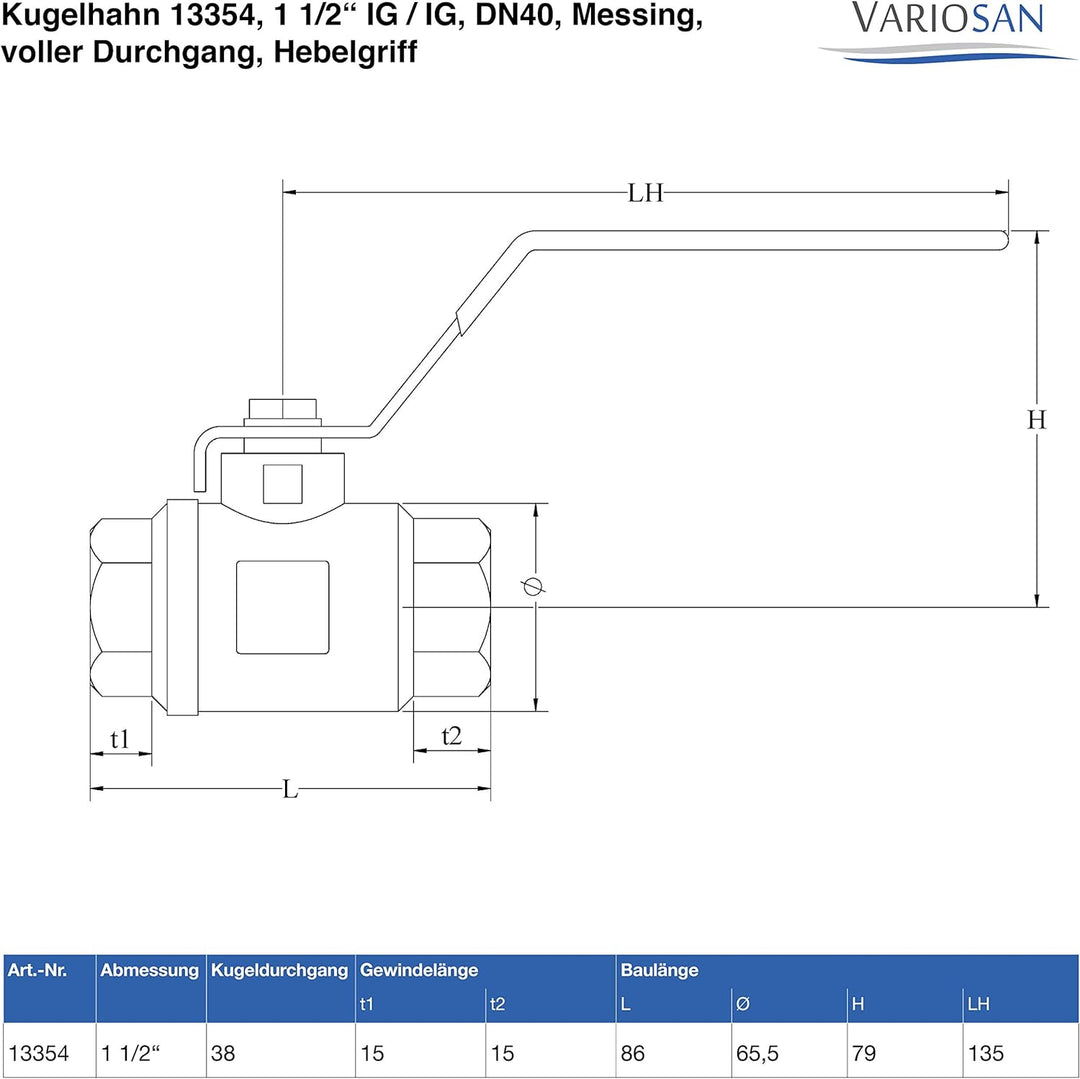 VARIOSAN Kugelhahn 13354, 1 1/2" IG/IG, DN40, Messing, voller Durchgang, Hebelgriff, 1 1/2"