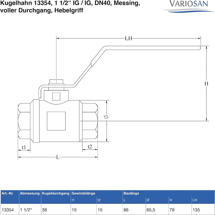 VARIOSAN Kugelhahn 13354, 1 1/2" IG/IG, DN40, Messing, voller Durchgang, Hebelgriff, 1 1/2"