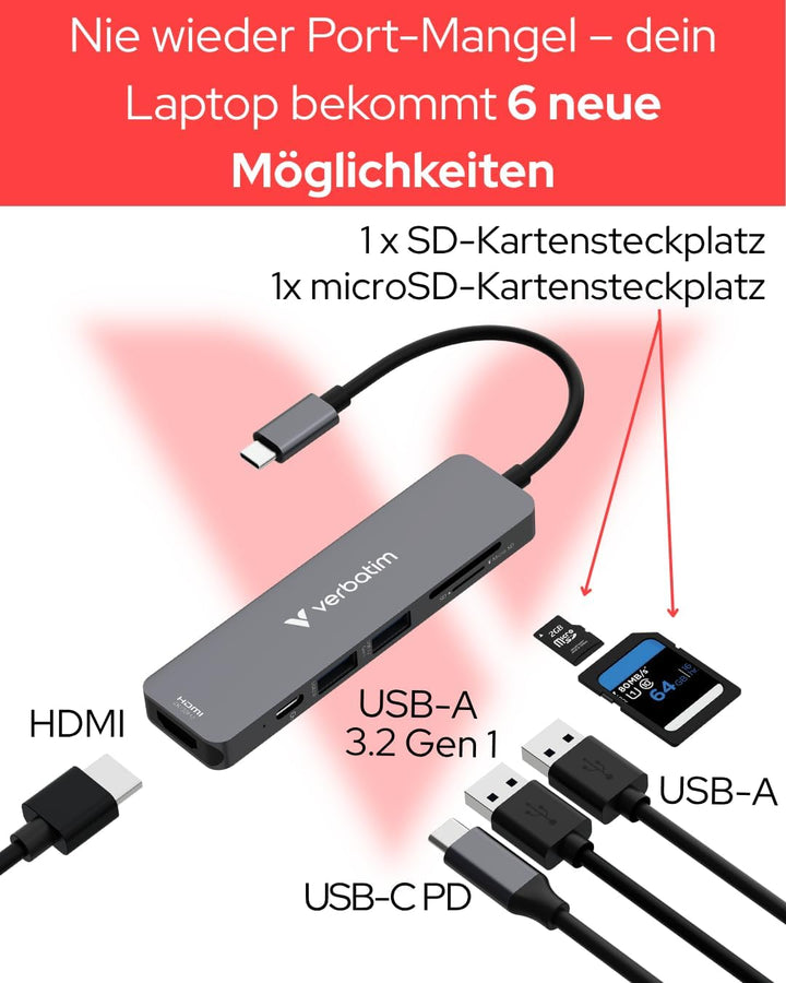 Verbatim USB-C Essentials Multiport Hub 6 Aschnlüsse mit Kartenleser 6 Anschlüsse, 6 Anschlüsse