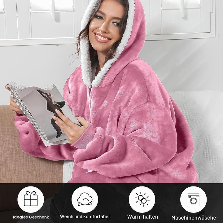 FEELJAM Decke mit Ärmeln und Kapuze, Kuscheldecke Hoodiedecken mit Reissverschluss und Taschen 120 R