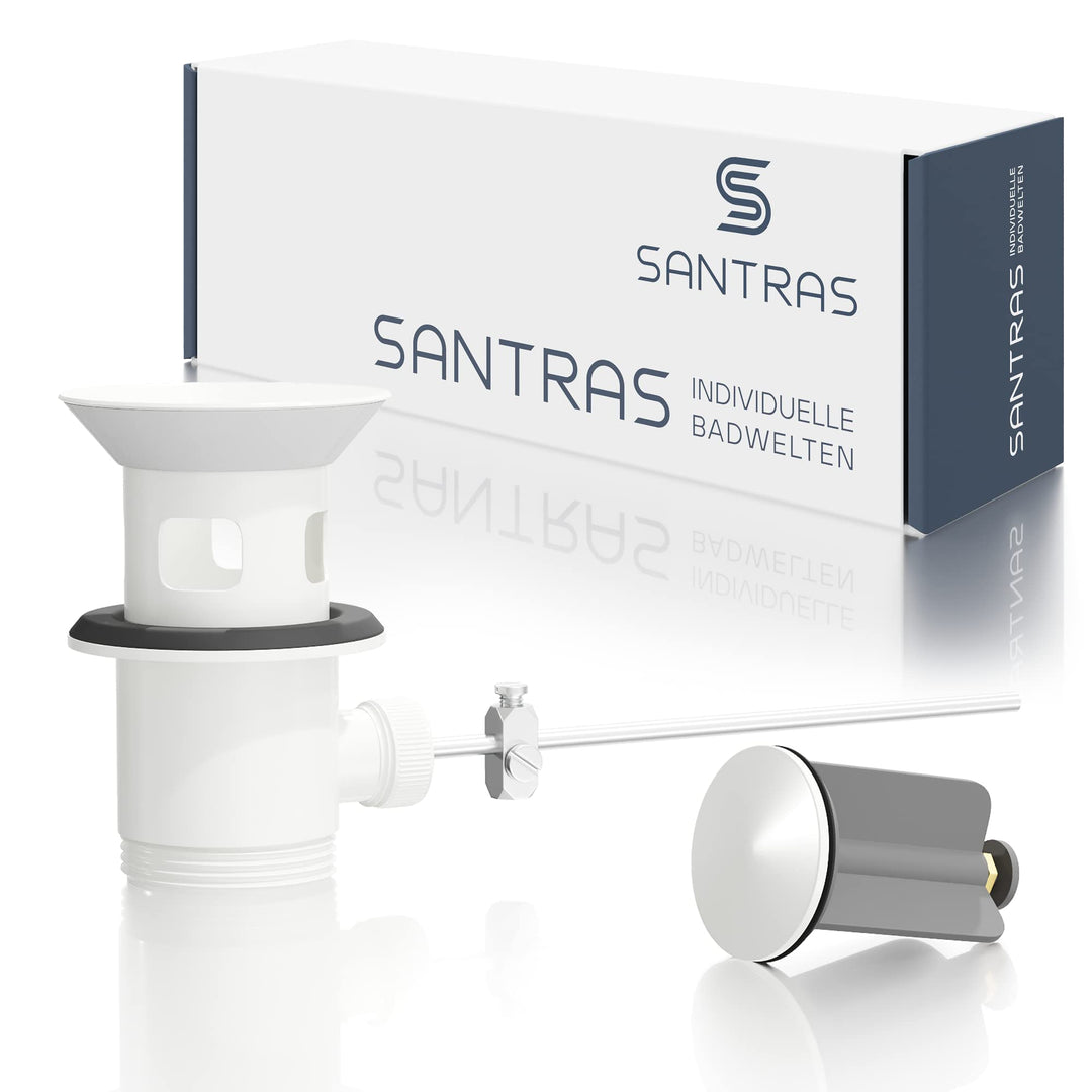 SANTRAS® Exzenter Ablaufgarnitur PREMIUM für Waschtisch mit Schutz vor Überlauf in Weiss – Komplette