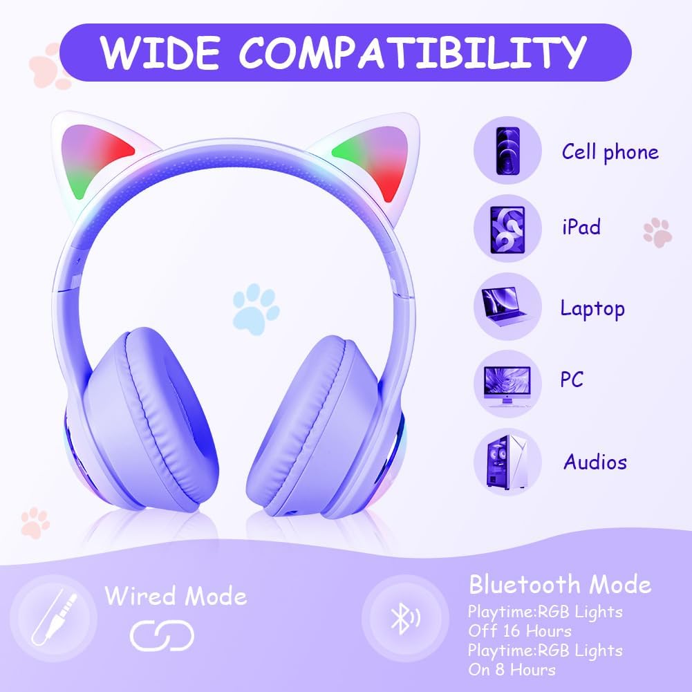 AXFEE Kinder-Kopfhörer, 5.3 Bluetooth Over-Ear mit LED-Leuchten, Lautstärke Begrenzt 105 dB, Stereo