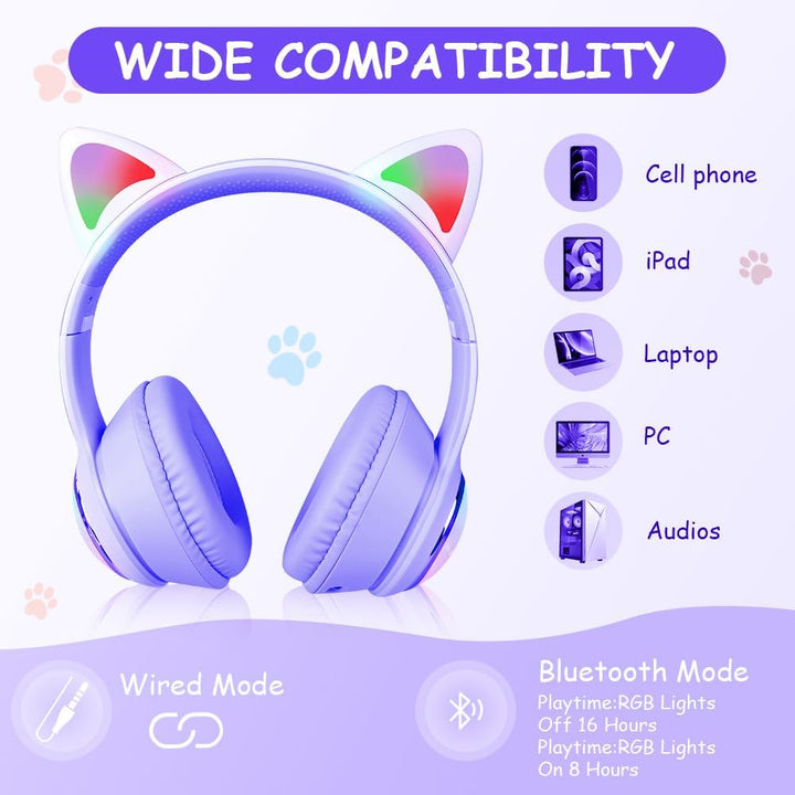 AXFEE Kinder-Kopfhörer, 5.3 Bluetooth Over-Ear mit LED-Leuchten, Lautstärke Begrenzt 105 dB, Stereo