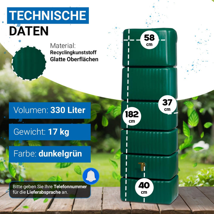 4rain Slim Regentonne 330 Liter Dunkelgrün – Platzsparender Wandtank für Regenwasser - Wassertank mi