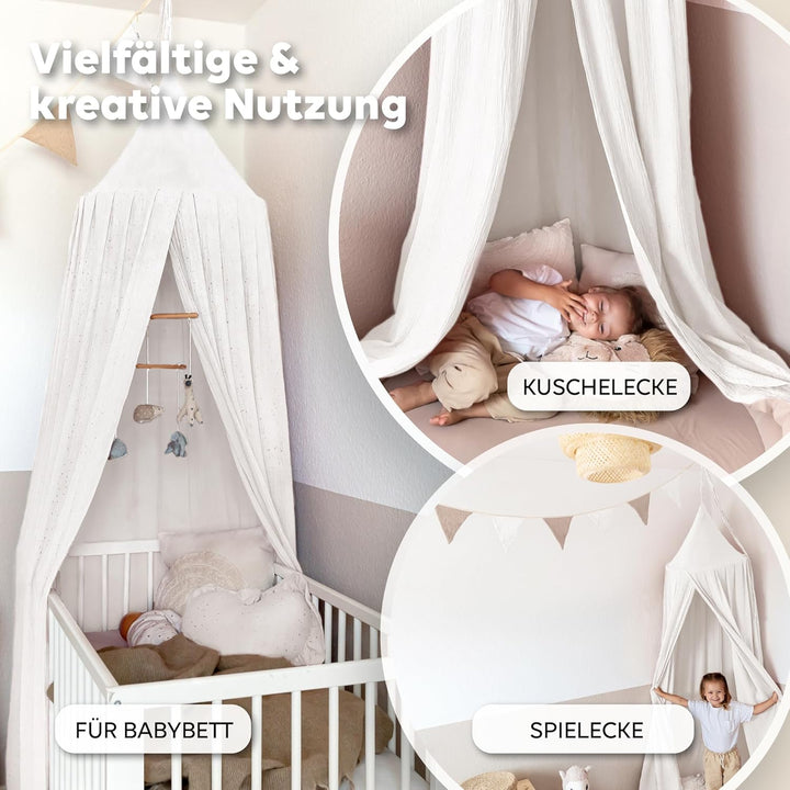 lilimaus Baldachin Kinderzimmer mit Goldapplikation [in 12 Farben] Betthimmel aus 100% Baumwolle Mus