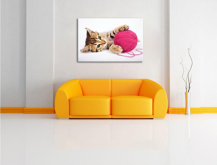 Kätzchen mit Wollknäul Format: 100x70 auf Leinwand, XXL riesige Bilder fertig gerahmt mit Keilrahmen