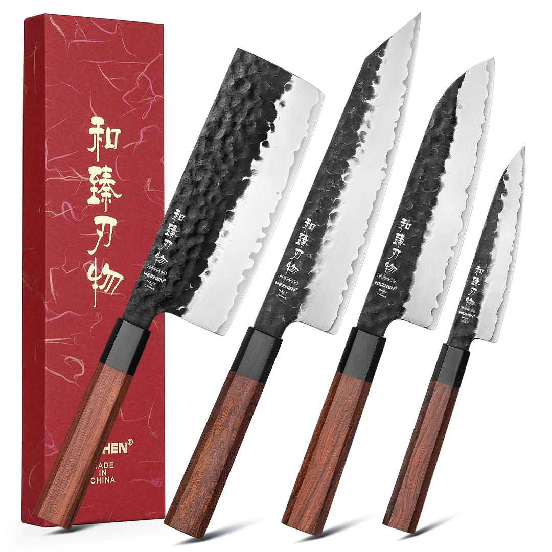 HEZHEN Verkleideter Stahl Küchenmessersets 4-Teilig, Profi Kochmesser Nakiri Santoku Kiritsuke Messe