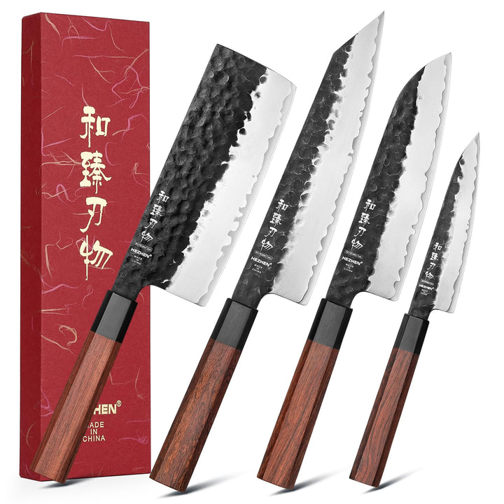 HEZHEN Verkleideter Stahl Küchenmessersets 4-Teilig, Profi Kochmesser Nakiri Santoku Kiritsuke Messe