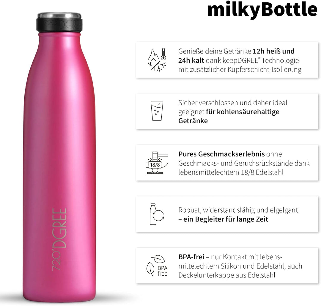 720°DGREE Edelstahl Trinkflasche “milkyBottle” - 750ml - BPA-Frei, Auslaufsicher, Kohlensäure geeign