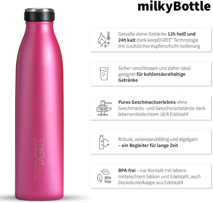 720°DGREE Edelstahl Trinkflasche “milkyBottle” - 750ml - BPA-Frei, Auslaufsicher, Kohlensäure geeign