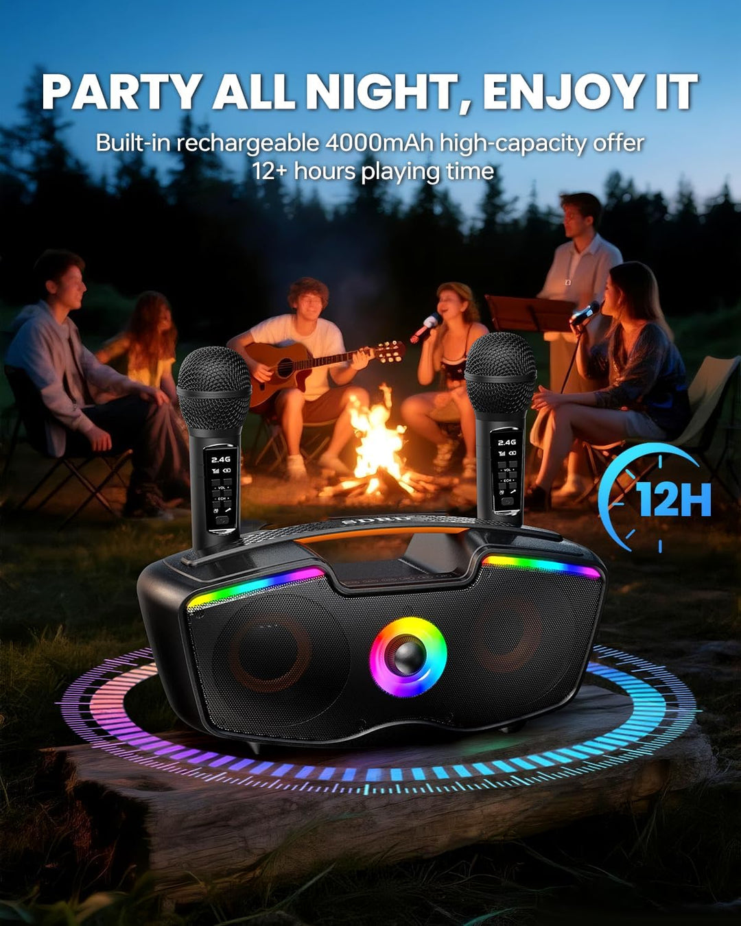 Bluetooth-Karaoke-Maschine für Erwachsene und Kinder, Tragbarer 80-W-Lautsprecher mit 2 Kabellosen M
