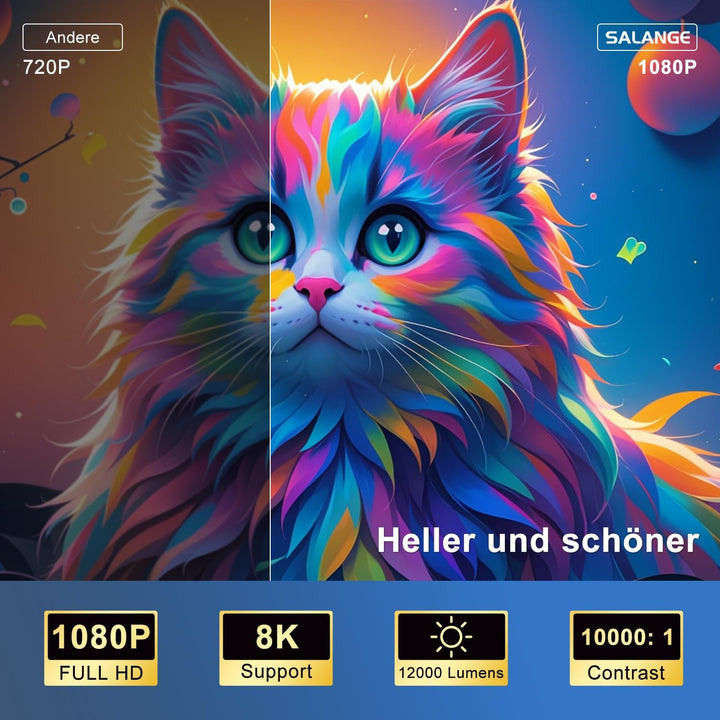 Mini Beamer Salange,8K Unterstützung 1080P Autofokus Projektor,Projektor Tragbarer mit WiFi 6 und Bl