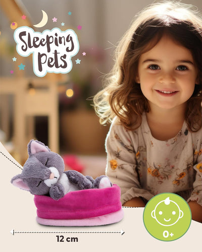 NICI Kuscheltier Katze grau 12cm schlafend im Körbchen, Katze Grau
