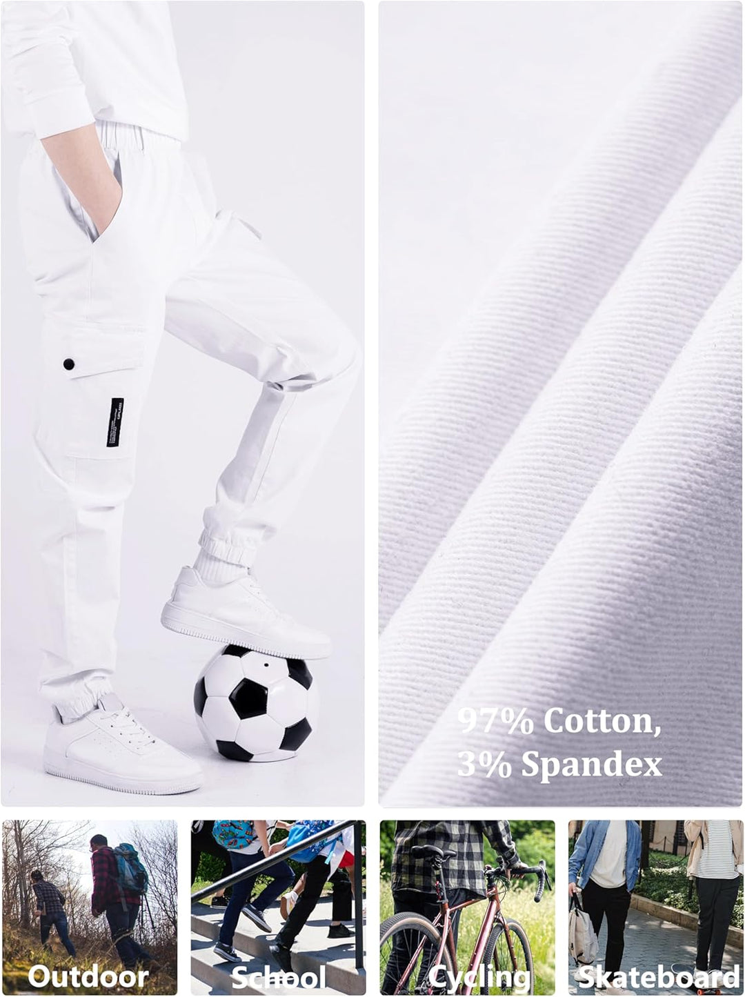 CAMLAKEE Kinder Jungen Cargohose Jogger Hose mit elastischem Bund 128-134 Weiss, 128-134 Weiss