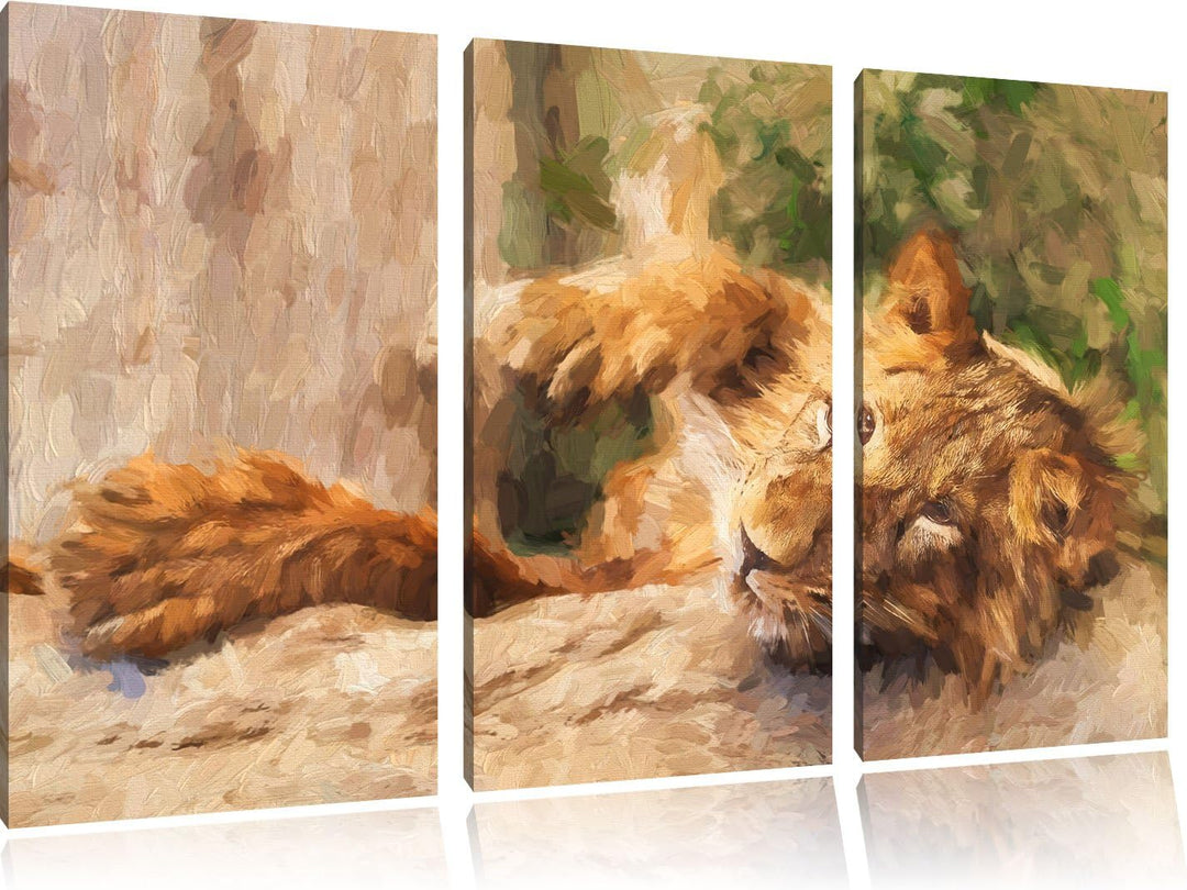 Pixxprint verspielter Kleiner Löwe Kunst / 3-Teilig/Gesamtmass 120cm Leinwandbild bespannt auf Holzr