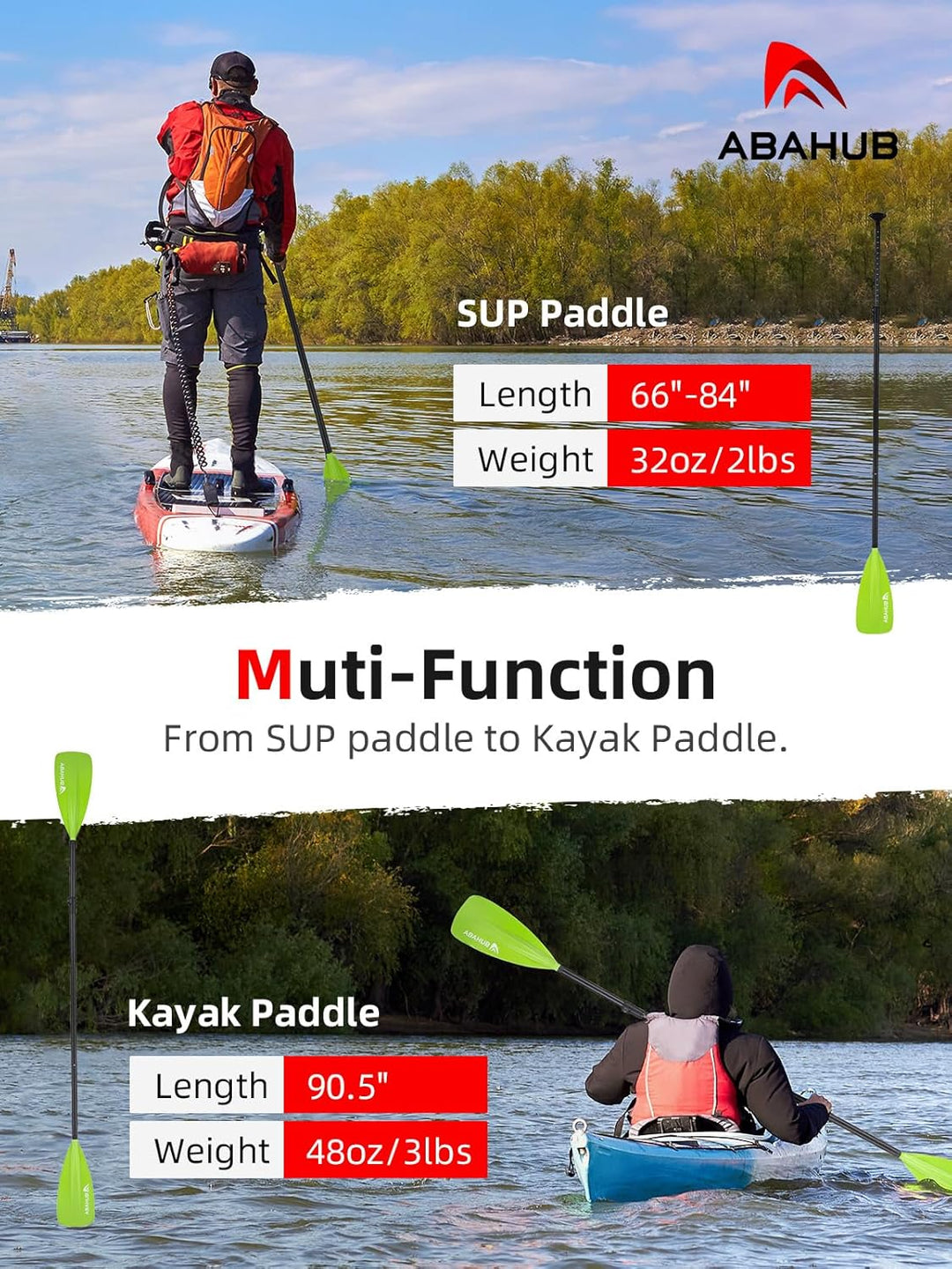 Abahub SUP Paddel / 2 in 1 Sup Kajak Paddel Aluminium Einstellbares Stand Up Paddle für Paddleboard,