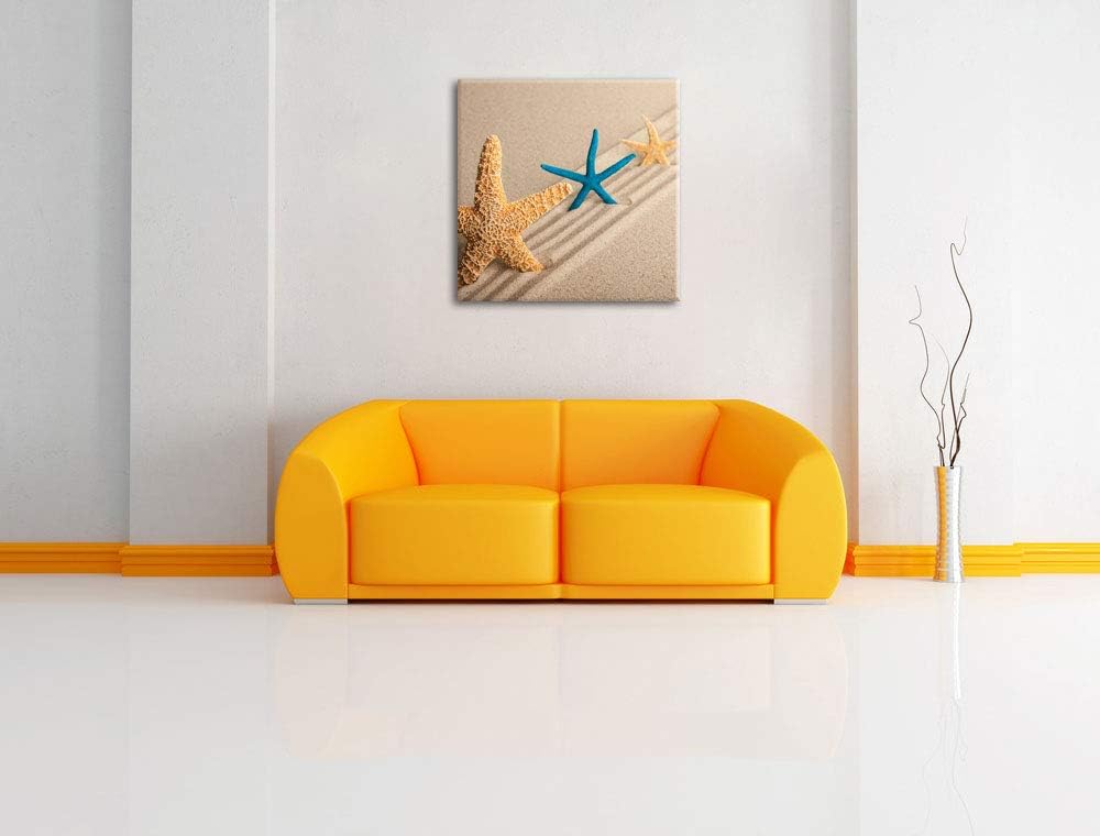 Seesterne im Sand, Format: 70x70 auf Leinwand, XXL riesige Bilder fertig gerahmt mit Keilrahmen, Kun