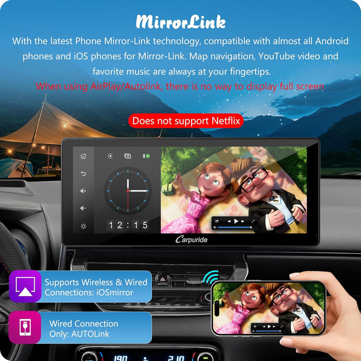 Carpuride W103 Pro mit Kabelloser Bluetooth-Übertragung, Tragbares Carplay und Android Auto-Autoradi