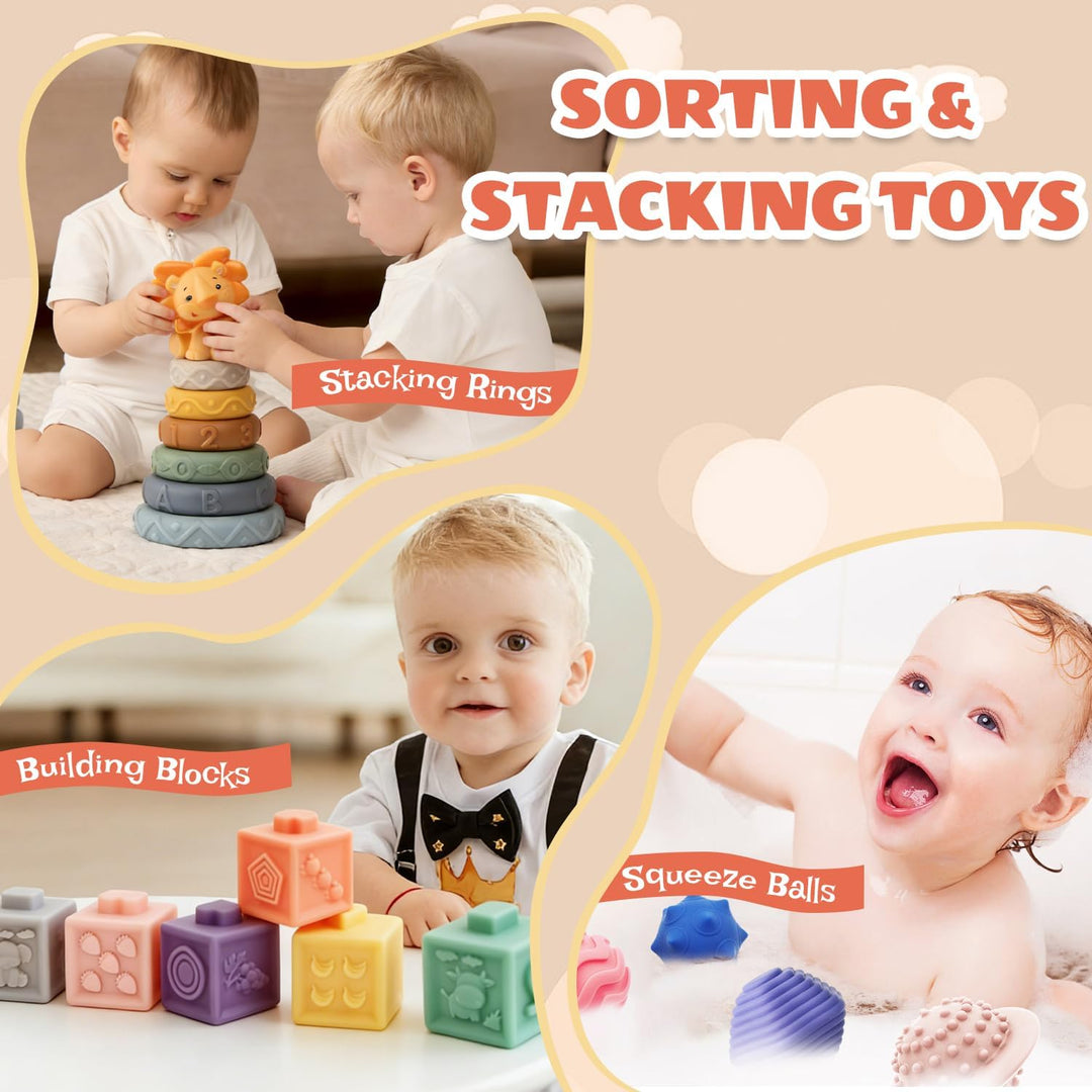 5 in 1 Baby Spielzeug ab 6 Monate, Montessori Spielzeug ab 6 9 12 Monate, Stapelturm, Blöcken,Tissue