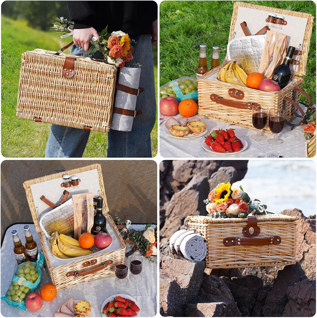 Picknickkorb für 2 Personen, Picknickkorb-Set mit Kühlfach und wasserdichte Picknickdecke, Besteck S